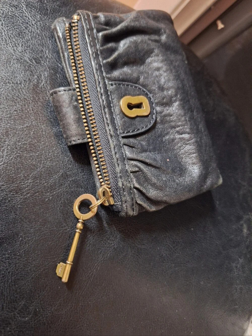 Fossil Black Smooth Leather Double Zip Coin Pouch Wallet Vintage Key Pulls Soft